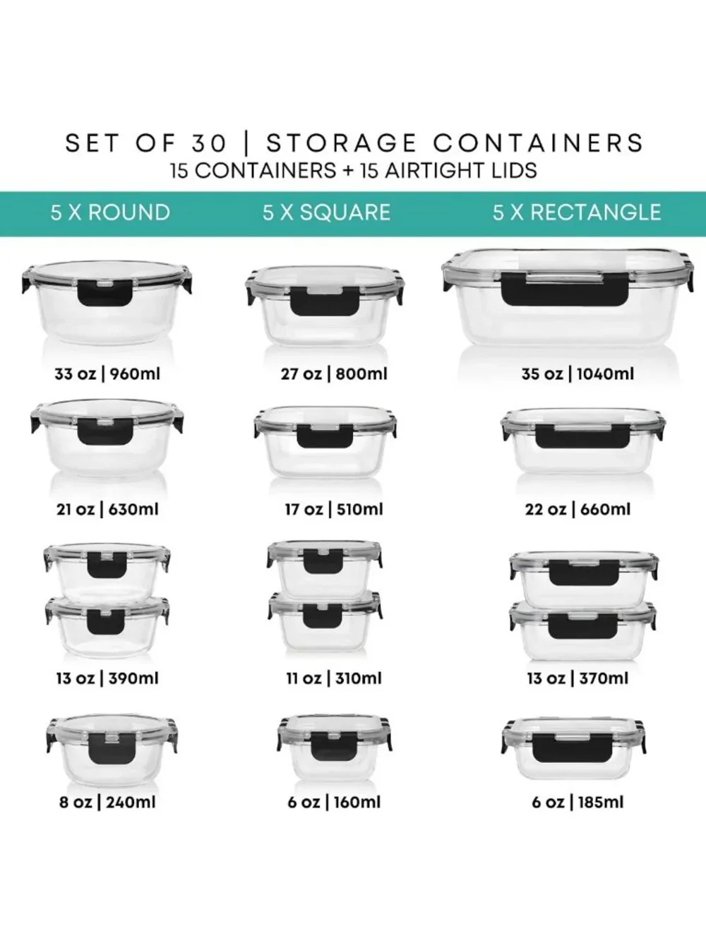 30 PC Glass Meal Prep Containers with Lids - Airtight, Leakproof, Oven